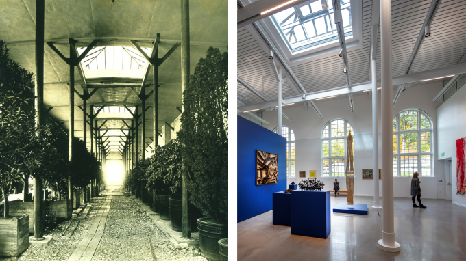 Left: The interior of John D. Rockefeller's historic Orangerie, circa 1930. Right: The David Rockefeller Creative Arts Center gallery, circa 2022. Photo  David Sundberg via Esto.