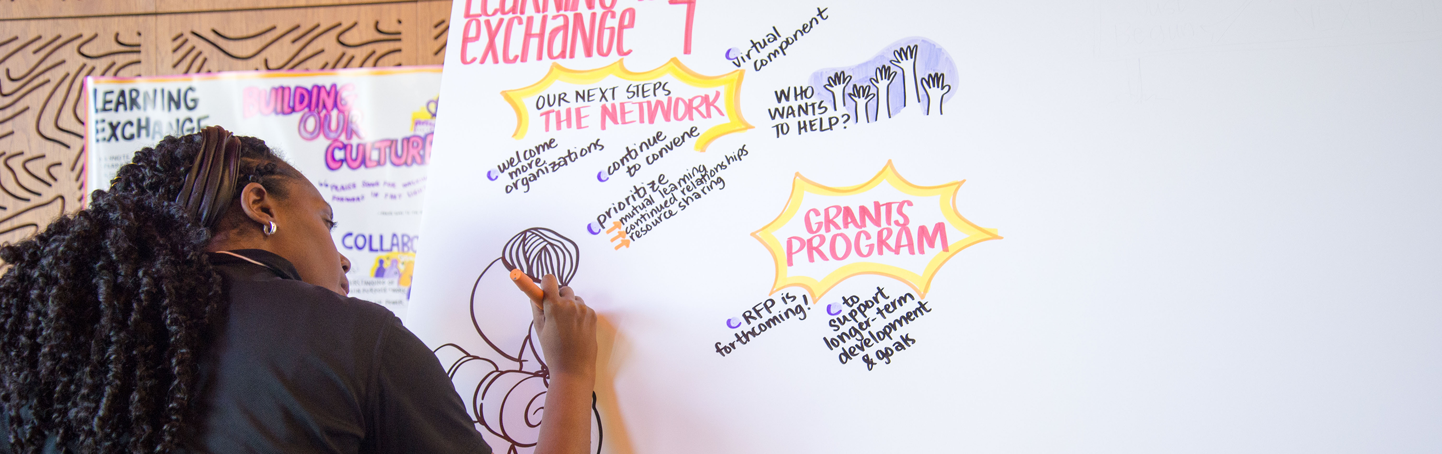 A woman sketches the notes from a meeting on a white board in highly designed style