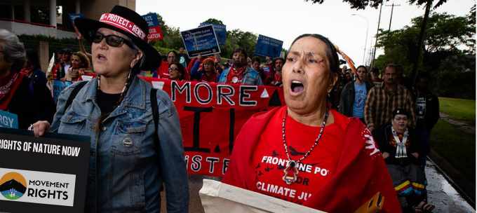 An indigenous women marches with a sign that says e are here to protect earth