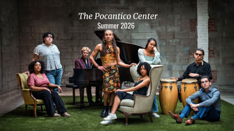 Artists pose around a piano and conga drums.