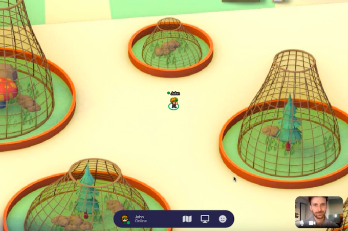 A virtual reality representation of trees guarded by thick fencing.