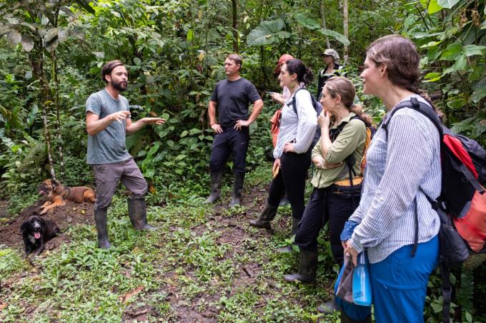 People listen to a speaker in the forest.