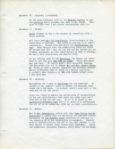 Excerpt from the diary of John D. Rockefeller, 3rd, December 26, 1940.