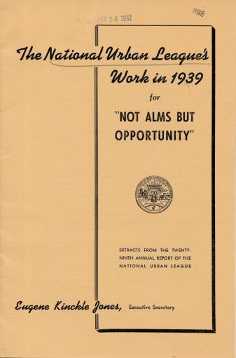 The cover of a report features black typeset on a cream background and reads "The National Urban League's Work in 1939"