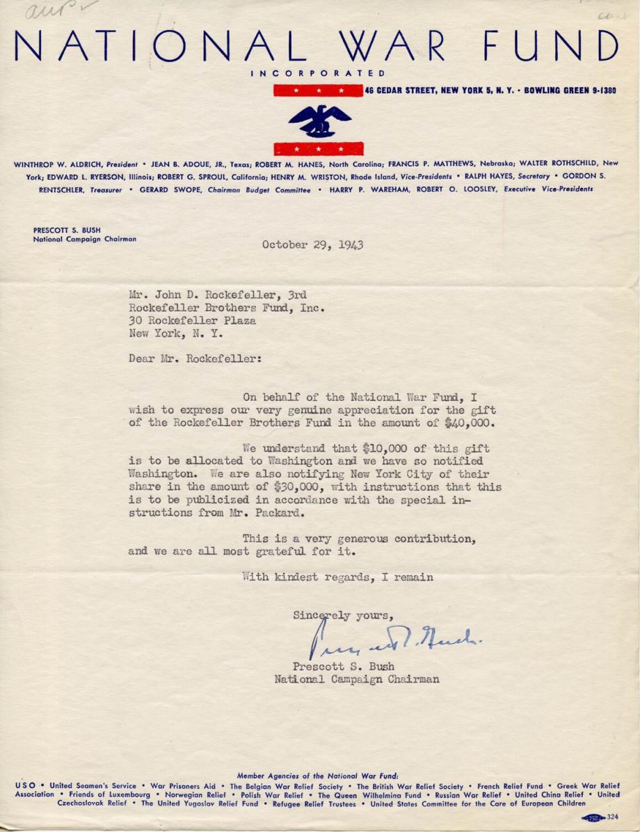 A letter addressed to John D. Rockefeller with the heading "National War Fund".