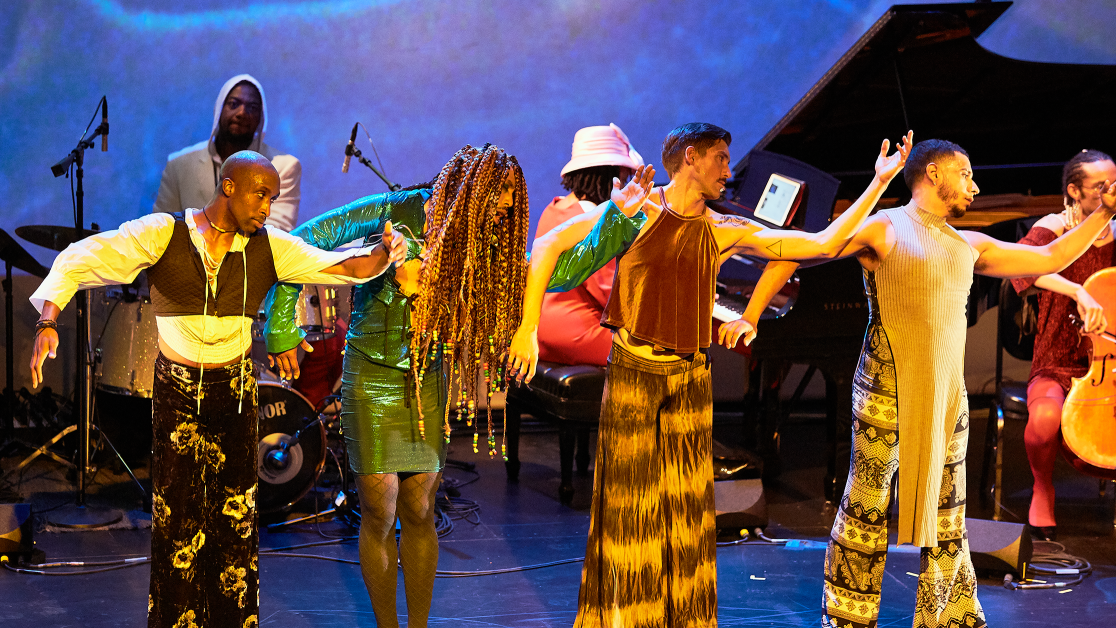 a group of costumed dancers in a line