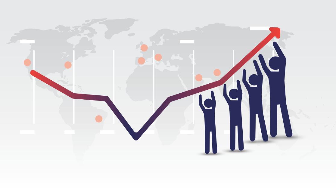a drawing of people holding up a stock chart over a map of the word