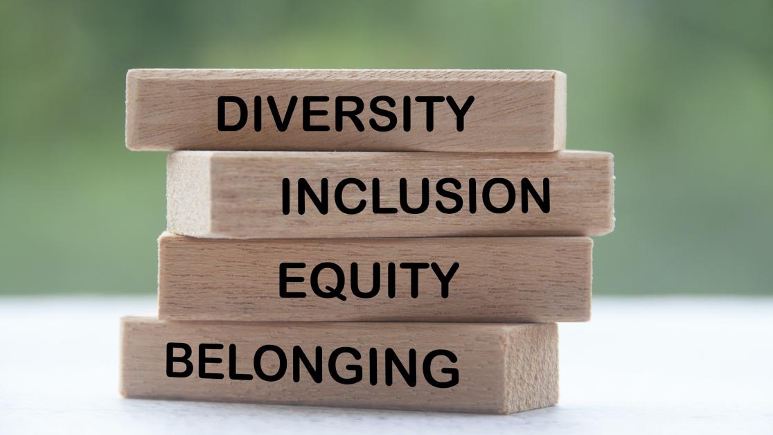 A stack of blocks reads "Diversity, Equity, Inclusion, Belonging."