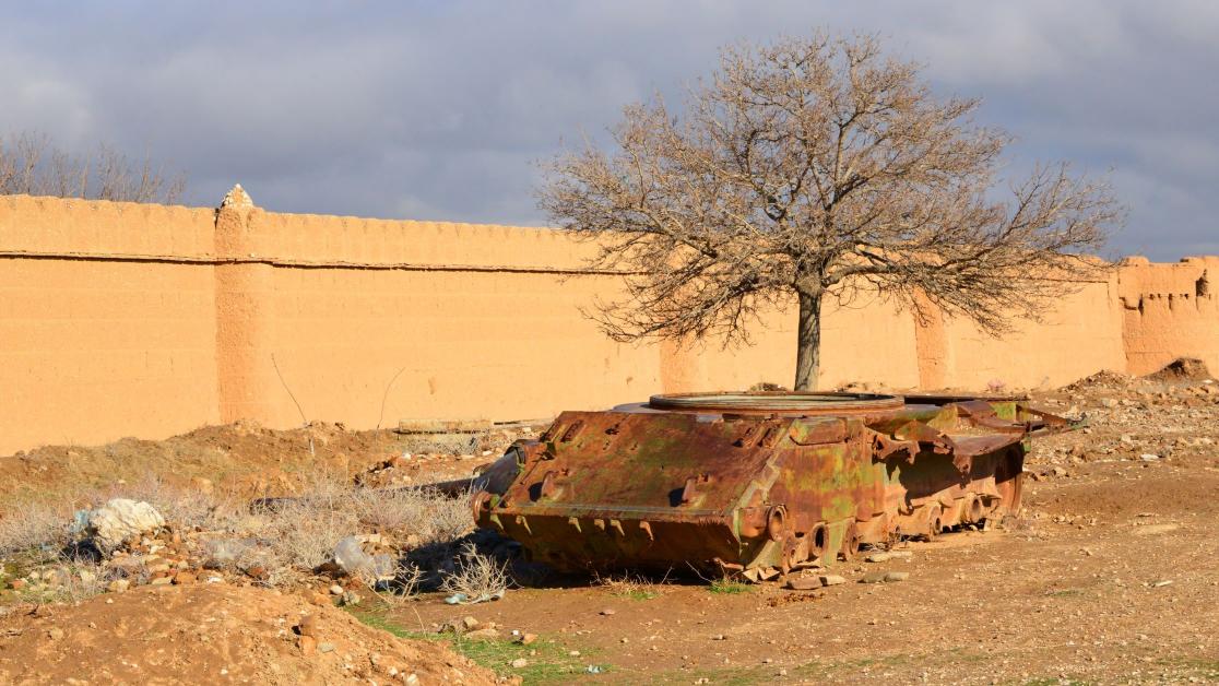 Rusting hull of Soviet tank in Balkh province, Afghanistan. 