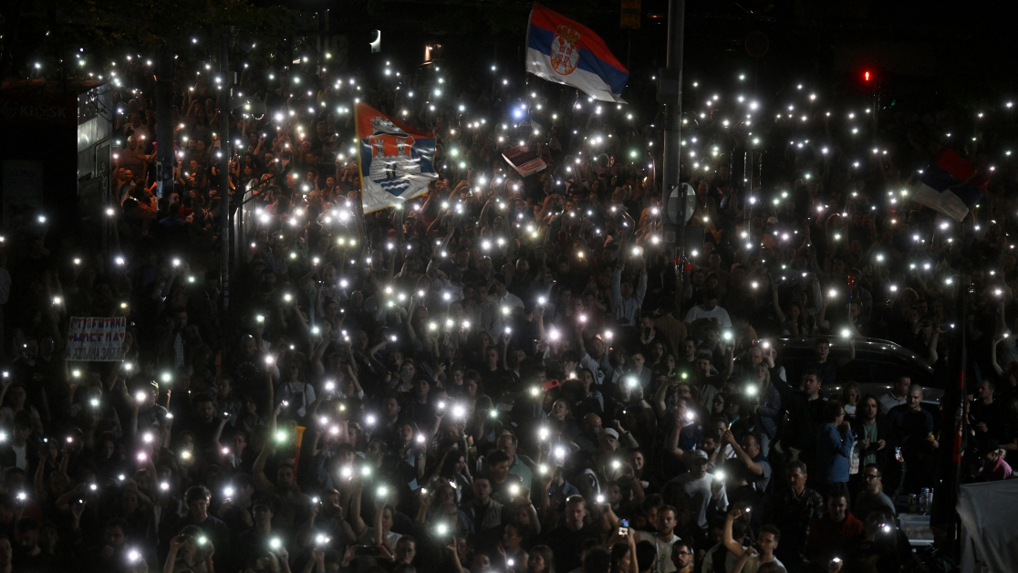 Serbian students and other protesters calling out corruption take part in a blockade of Serbia’s public broadcaster Radio Television of Serbia (RTS) in Belgrade, April 16, 2025.