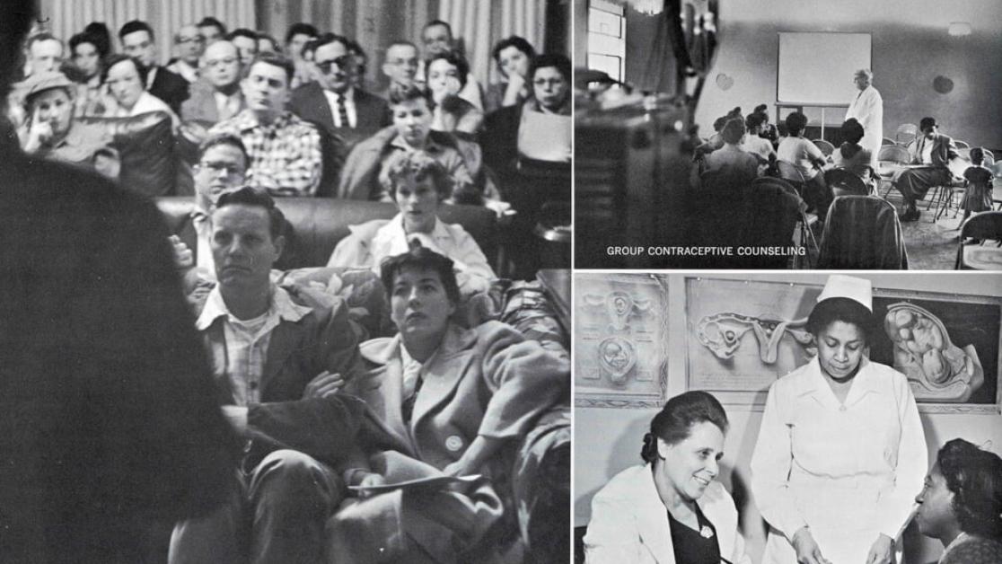 A mosaic of photos showing different groups of people talking to each other.