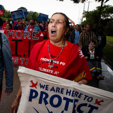 An indigenous women marches with a sign that says e are here to protect earth