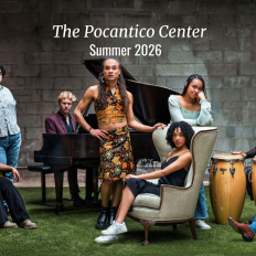 Seven artists pose around a piano and conga drums beneath “The Pocantico Center Summer 2026.”