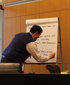 a presenter writes on an easel pad