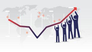 a drawing of people holding up a stock chart over a map of the word