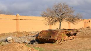 Rusting hull of Soviet tank in Balkh province, Afghanistan. 