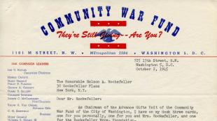 A letter addressed to Nelson A. Rockefeller with the heading "Community War Fund"