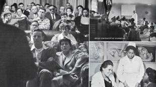 A mosaic of photos showing different groups of people talking to each other.