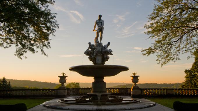 The Oceanus fountain at Kykuit at Pocantico during sunset