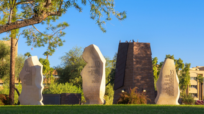 Rough stone sculptures bear the text of the U.S. Bill of Rights