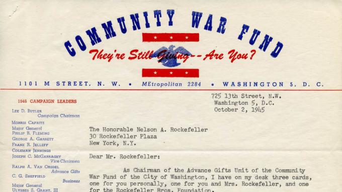 A letter addressed to Nelson A. Rockefeller with the heading "Community War Fund"